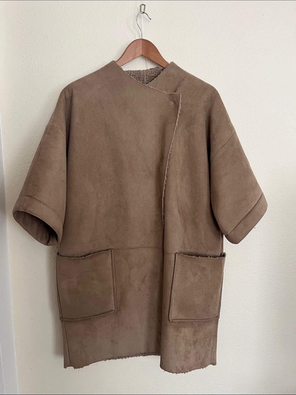 Taupe Suede Shearling Short-Sleeve Coat